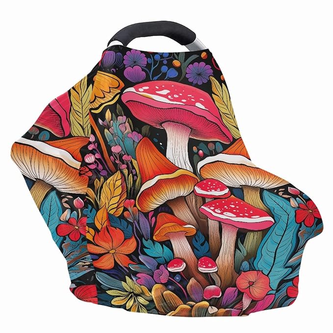 Rainbow Mushroom Print Breathable Car Seat Canopies for Infant Girl Boys,Personalized Multi Nursing Cover Breastfeeding Cover Mom Scarf