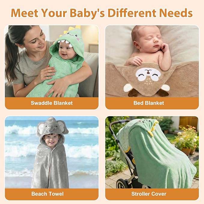 CandyHome 9 PCS Baby Bath Towels for Infants Toddlers, 3 PCS Animal Hooded Baby Towels & 6 PCS Washcloths Set, Ultra Absorbent Soft Cute Newborn Bath Essentials Gifts for Boys & Girls