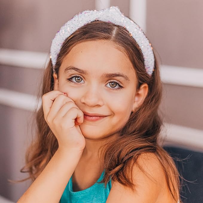 FROG SAC Sequin Knot Headband for Girls, White Knotted Hair Bands Accessories for Kids, Sparkly Iridescent Little Girl Headbands, Cute Fashion Hairbands for Tweens Stocking Stuffers for Children