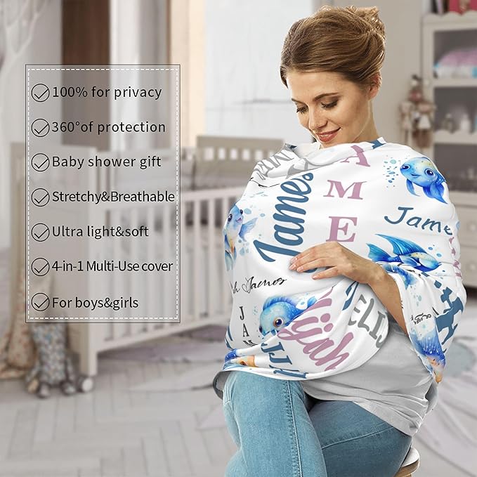 Personalized Baby Car Seat Cover with Name Stroller Canopy Custom Angelfish Carseat Cover Newborn Baby Boy Girl Nursing Cover for Moms First Birthday Gift
