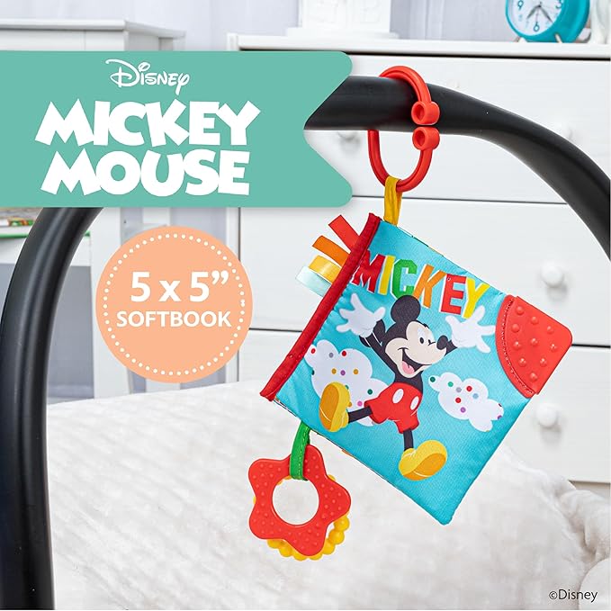 Kids Preferred Disney Baby Mickey Mouse Colorful Crinkle Soft Book with Teething Corner and On-The-Go Clip for Babies