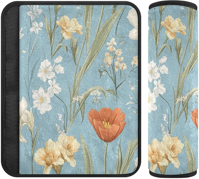 Car Seat Belt Pads Covers 2 Piecing Soft Unique Baby Seat Shoulder Strap Cover for Adults Child Kids S Autumn Flowers Flower Daffodil Gladiolus Blue