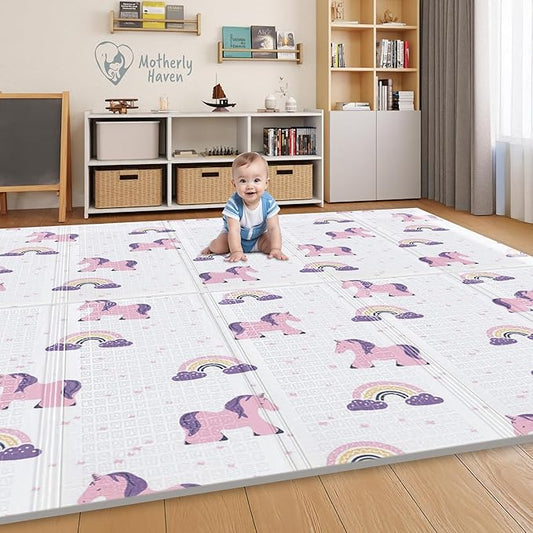 Motherly Haven 79x71 Foldable Baby Play Mat for Floor, Extra Large Reversible Foam Play Mat for Babies 6-12 Months, Waterproof Portable Foam PlayMat for Tummy Time for Toddler - Unicorn and Clouds