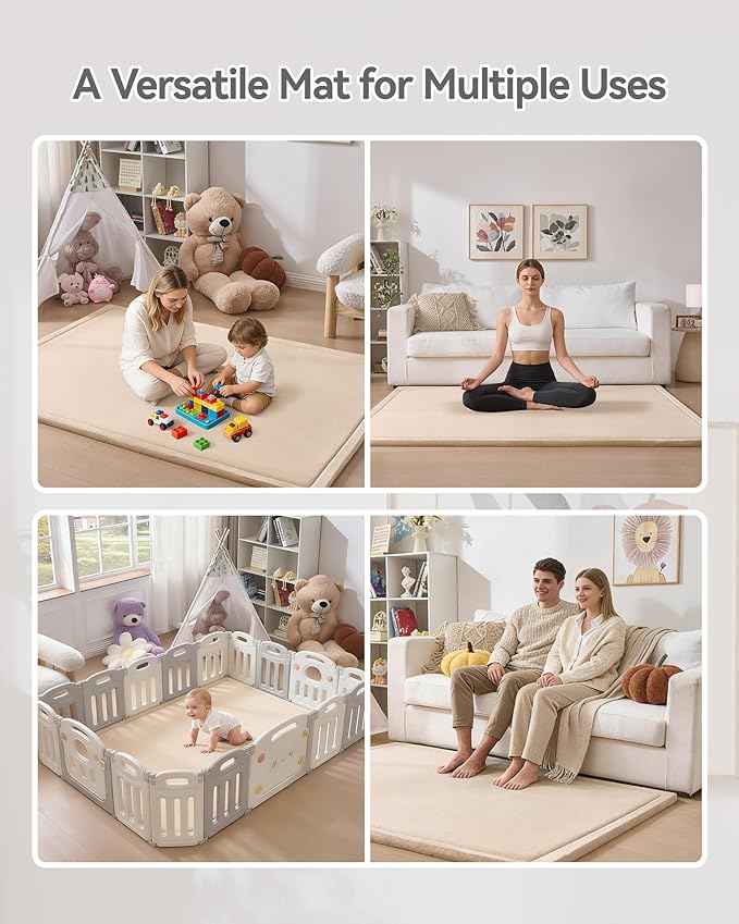 Baby Play Mat for Floor, 1.2" Thick Extra Large Memory Foam 59"×79" Playpen Mat for Kids, Infants, Toddlers - Soft Baby Crawling Mat for Tummy Time, Sitting with Non-Slip Bottom, Beige