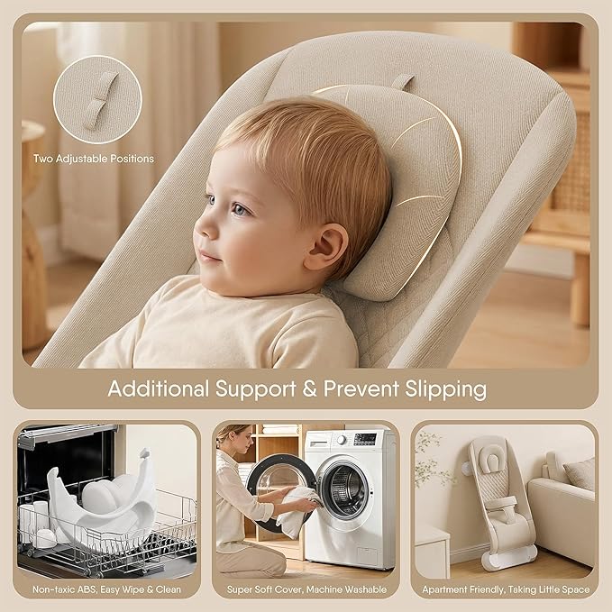 Monamii Baby Bouncer, Baby Bouncer Seat with Detachable Pianos & Feeding Tray, 3-Level Adjustable Positions Bouncing Seat, Infant Bouncer Seat and Toddler Chair (Beige)