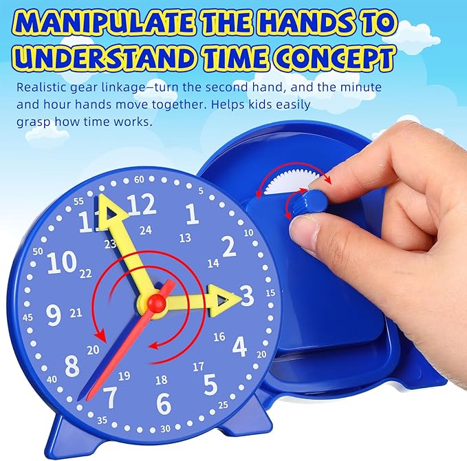 Batiyeer 24 Pcs Teaching Clock Kit for Kids to Tell Time Teaching Mini Geared Clock for Kids Basic Math Development Teacher and Classroom Supplies, 4 Inch (Dark Blue)