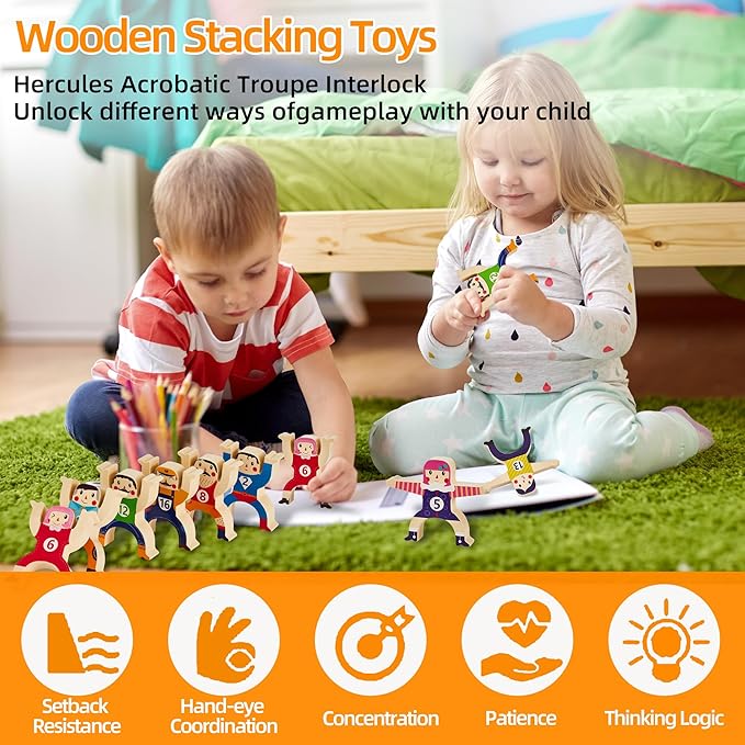 HELLO PAPAYA Wooden Stacking Toys 16Pcs Balancing Building Blocks Game,Circus Hercules Acrobatic Troupe Interlock Toy,for 3 4 5 6 Years Old Kids Adults Toddler Puzzle Toys