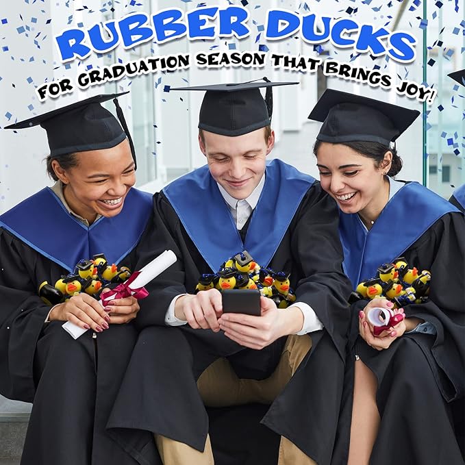 Lewtemi 12 Blue Graduation Diploma Rubber Ducks 2025 Grad Rubber Duck Graduation Duck Bulk Cake Topper for Bathtub Swimming Pool Theme Party, 2.5 x 2.5 x 2 Inch