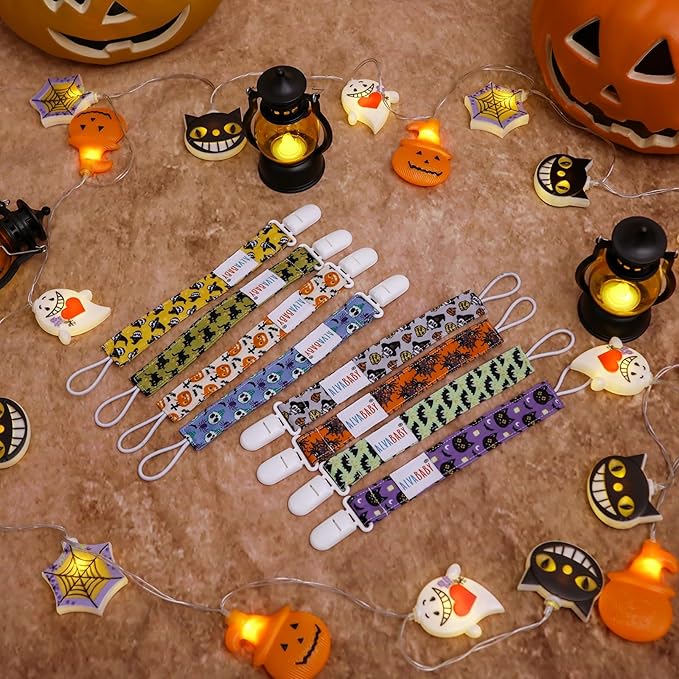 ALVABABY Pacifier Clip 8 Pack Holder Leashes for Newborn Baby Boys Girls Paci Clip Halloween Gifts 8DP04-DA