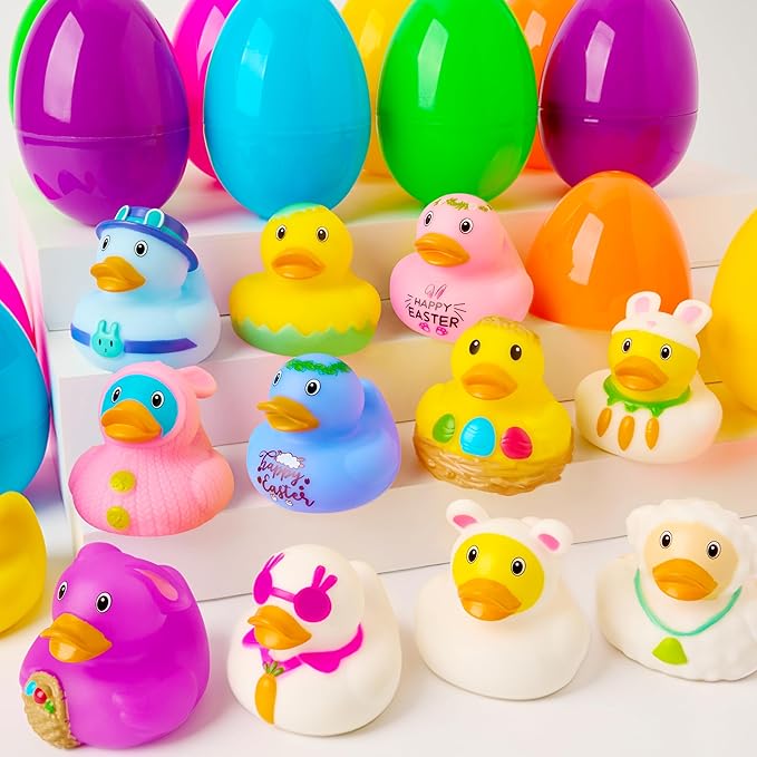 Joyin 12pcs Prefilled Easter Eggs with Rubber Ducks, Easter Bath Duckies Basket Stuffers for Toddlers & Babies, Bathtub Toys Easter Egg Hunt, Classroom Prizes for Kids