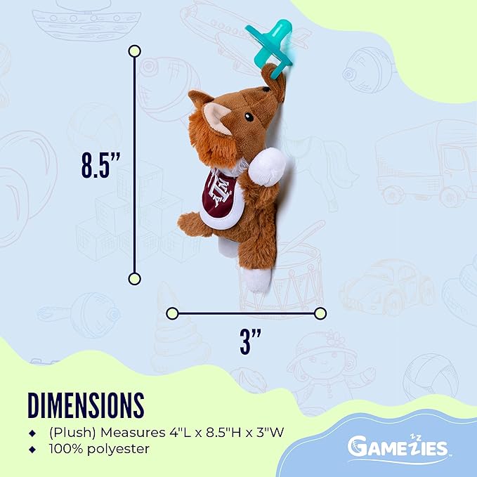 Gamezies Baby Boy and Girl Silicone Texas A&M University Reveille Mascot Plush Pacifier Collegiately Licensed, Removable, Washable Plush Toy, CPSIA Tested, BPA-Free 0-6 Months
