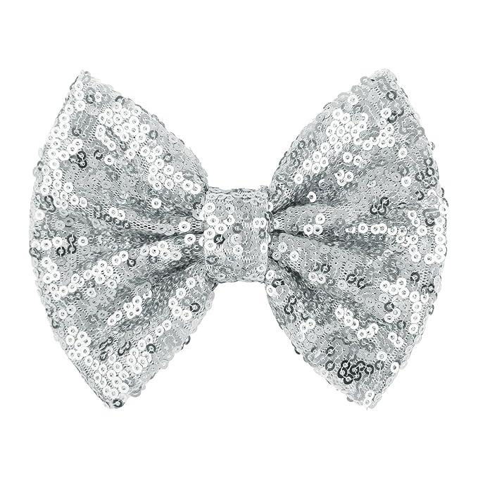 Hair Accessories: Sequins Alligator Clips, Large Bows for Toddlers, Teens, Women - 5 Inches, Sliver Gift Set