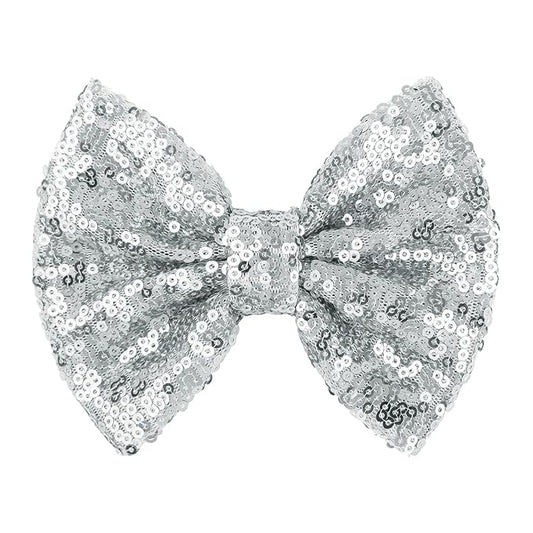 Hair Accessories: Sequins Alligator Clips, Large Bows for Toddlers, Teens, Women - 5 Inches, Sliver Gift Set
