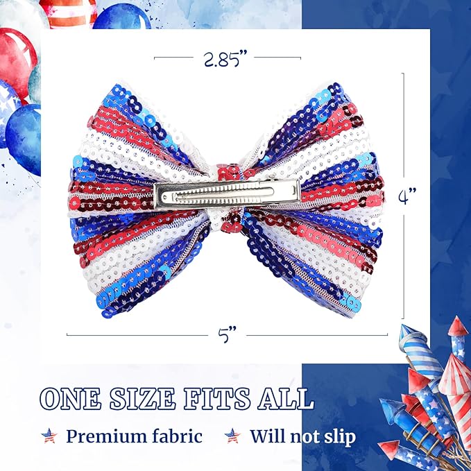 Bow Hair Clips for Girls 4th of July Girls Hair Accessories 5” Big Bows Hairpin Baby Barrettes Sequins Cheer Bows Red Blue Glitter Teens/Kids/Children