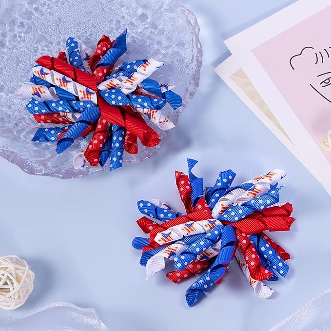 July 4th Korker Hair Bow Clip 3'' Kids Patriotic Curly Corker Fireworks Cheer Bow Alligator Barrettes Toddler Baby Girls Independence Day Christmas Party Favor Gift Accessories