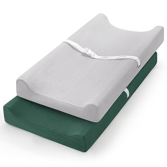 Pro Goleem Muslin Changing Pad Cover for Boys and Girls, Soft Breathable Fitted Cotton Diaper Changing Table Pad Sheets, Neutral, 2 Pack (Grey＆Green)
