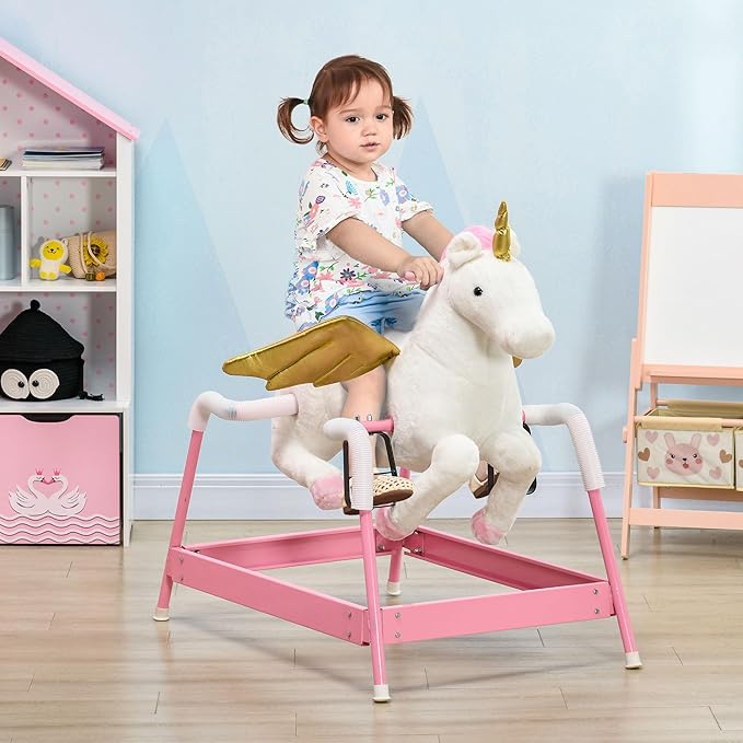 Qaba Kids Spring Rocking Horse Unicon, Ride on Horse for Girls and Boys with Animal Sounds, Plush Animal Ride-on Toy with Soft Feel, Interactive Toy for Kids, Pink