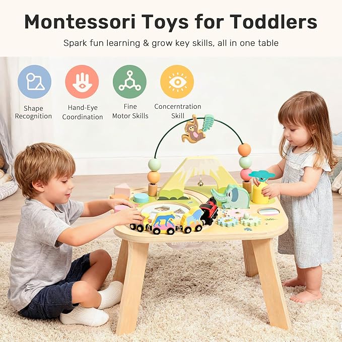 WINGYZ Activity Table for 1 Year Old Toddler, 9-in-1 Morandi-Colored Wooden Montessori Toys, Baby Play Table with Bead Maze Shape Sorter Train Toy, Educational Gifts for 12 Months+ Kids Boys Girls