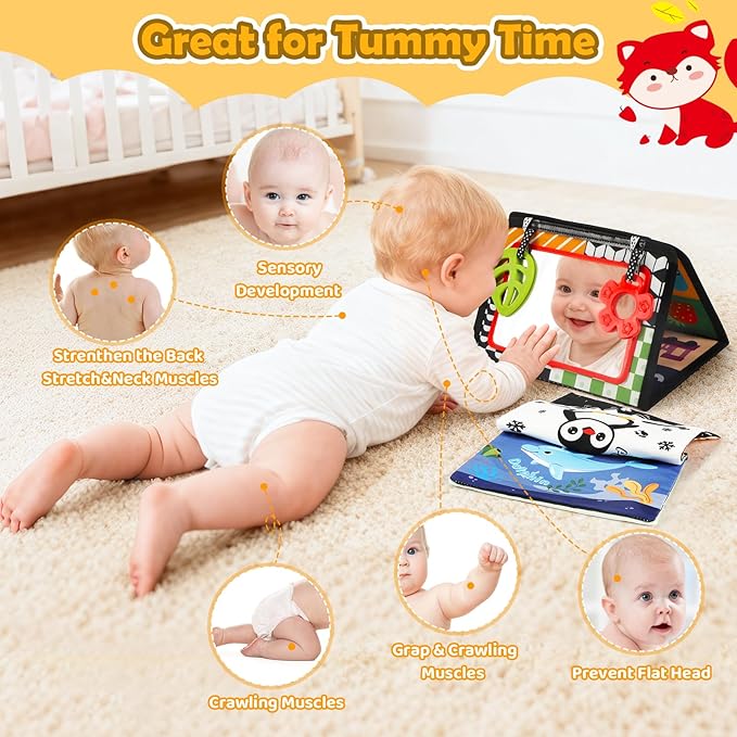 BBWOO Tummy Time Toys, High Contrast Baby Toys for Newborn, Baby Visual Stimulation Mirror, Montessori Crinkle Book for Infant 0-3-6-12 Months, Boy Girl Shower Gift, Easter Basket Stuffers