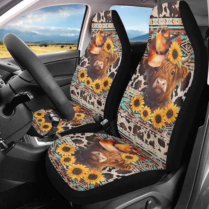 Car Seat Covers Waterproof Universal Aztec Highland Cow Print Front Car Seats Easy Installation Washable Cover Automotive Interior Accessories for Cars Truck SUV Van
