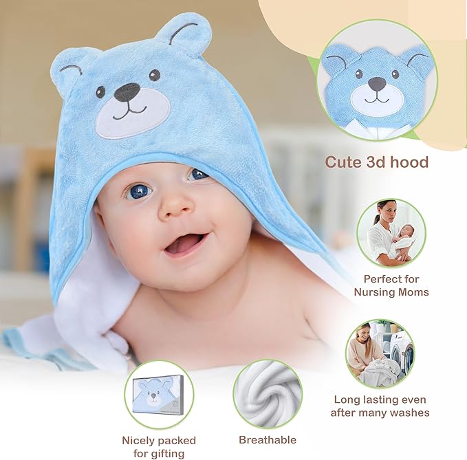 Mother's Choice 100% Organic Cotton Hooded Toddler Towels – Large Cotton, Ultra-Soft & Absorbent Baby Towels for Newborns, Infants, Toddlers, Boys & Girls with Animal Hood (Blue Bear)