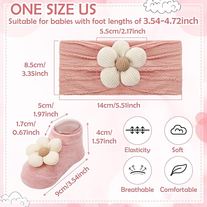 4 Pack Baby Girl Flower Headbands and Socks, Cute Floral Non-Slip Grippy Socks Soft Hairbands Hair Accessories for Newborn Infant Toddler
