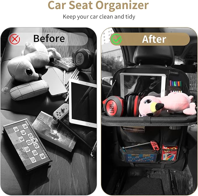 LUCMO Car Backseat Organizer with Touch Screen Tablet Holder,9 Storage Pockets Storage Organizer,Protectors Kick Mats Travel Accessories (Black, 2 Pack with Food Tray)