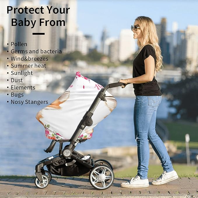 Personalized Car Seat Covers with Name, Fox Baby Canopy Carrier Cover, Breathable Breastfeeding Nursing Cover, Stretchy Multi-Use Infant Carseat Stroller Cover