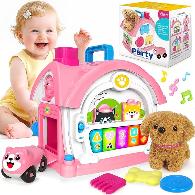 Ellinjan Montessori Toys for 1 2 3 Year Old Girl Gifts, Baby Musical Toys 12 18+ Months, 10 in 1 Bilingual Learning Toy with Sound Light, Cute Toy with Plush Puppy, First Birthday for Toddlers