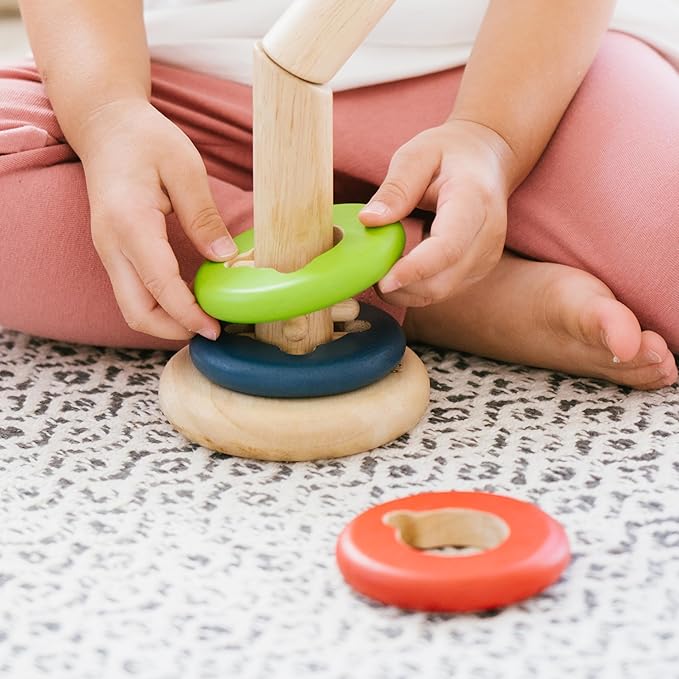 PlanToys® Twist & Sort Wooden Stacking Toy for Toddlers | Montessori Fine Motor Toy with Twistable Rod & Colorful Rings | Eco-Friendly Educational Puzzle for Kids Ages 2+