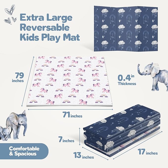 Motherly Haven 79x71 Foldable Baby Play Mat for Floor, Extra Large Reversible Foam Play Mat for Babies 6-12 Months, Waterproof Portable Foam PlayMat for Tummy Time for Toddler - Unicorn and Clouds