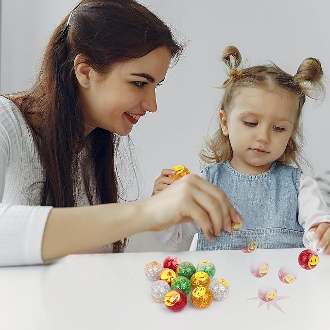 Emoji Water Filled Bouncy Balls - Rubber Balls for Kids Glitter Filled - 12 Pack Large High Bouncing Ball, Bounce Balls, Party Favors Balls