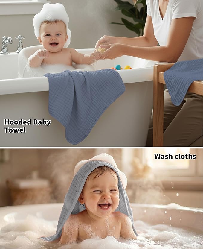 6Pcs Baby Muslin Hooded Bath Towels and Washcloths,32"x 32" Muslin Cotton Hooded Baby Towels for Newborn Shower