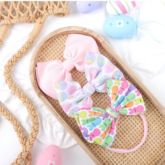 YanJie Easter Bows for Baby Girls Rabbit Egg Bow for Newborn Infant Easter Bunny Ears Hairbands Nylon Pink Bow Headband Easter Hair Accessories Gift