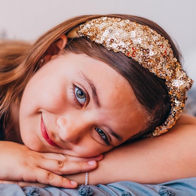 FROG SAC Sequin Knot Headband for Girls - Gold Knotted Head Bands for Kids, Sparkly Little Girl Headbands, Cute Tween Beaded Hair Band Accessories, Easter Basket Fillers Stocking Stuffers