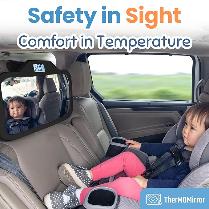 Theromirror - Baby Car Mirror with Temperature Display, Rear Facing Car Seat Mirror, Newborn Essentials, Wide Angle (Black)