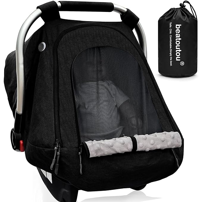 beatoutou Baby Car Seat Cover,Patented Waterproof Baby Car Seat Cover for Boys & Girls,Infant Car Seat Cover Canopy for Girls,Windproof Car Seat Canopy for Boys, Keeps Babies Warm and Cozy (Black)