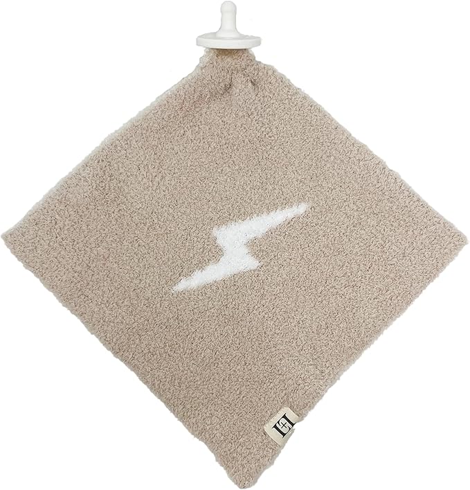 L+L USA Lightning Bolt Baby Lovey Pacifier/Teether Holder 10"x10" - DreamSoft Plush Fluffy Cuddly Soothie Reversible Mini Comfort Blanket - Cute Newborn Gift Essential Babies Boys Girls (Tan/White)