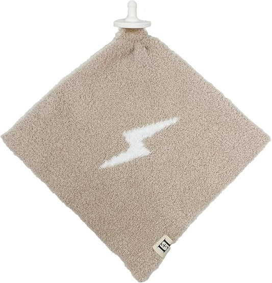 L+L USA Lightning Bolt Baby Lovey Pacifier/Teether Holder 10"x10" - DreamSoft Plush Fluffy Cuddly Soothie Reversible Mini Comfort Blanket - Cute Newborn Gift Essential Babies Boys Girls (Tan/White)