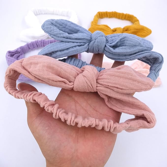 Sugarmelon Original Cotton Gauze Headband for Newborn Toddler Infant Baby Girl Kids Muslin Cotton Hair Bow Headbands Turban Elastic Hair Bands (6 pcs Knot Headband)