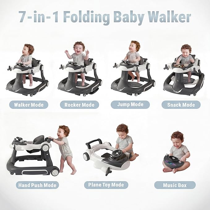 7 in 1 Foldable Baby Walker, Infant Activity Walker w/Adjustable Height, Detachable Play Tray with Music & Light, Baby Push Walker with Wheels for Boys Girls 7-18 Months, Speed Control, Gray