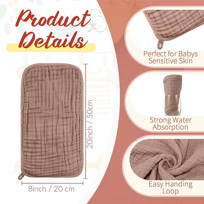 VitalCozy 6 Pcs Baby Muslin Hooded Bath Towels and Washcloths, Muslin Hooded Baby Towels Absorbent Blankets for Gift Newborn Infant Shower (Brown,Burnt Orange)