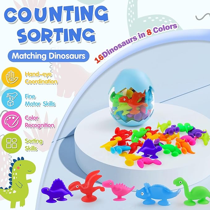 Baby Suction Cups, 16PCS Silicone Dinosaur Sucker Toys with Eggshell Storage, Sensory Bath Toys for Kids Ages 4-8, Counting Learning Color Tool, Window Toy, Easter Egg Gifts for Boys Girls Ages 3+