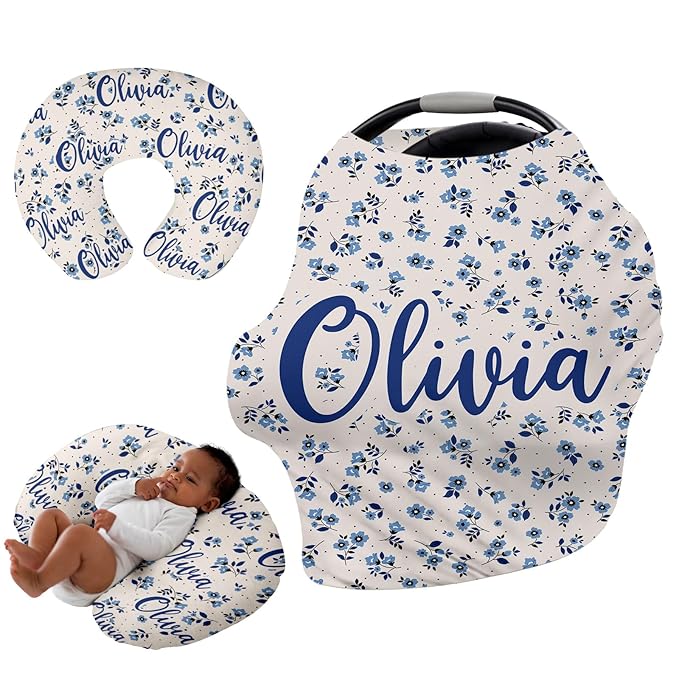 Custom Name Car Seat Canopy - Baby Car Seat Covers, Infant Stroller Cover, Carseat Canopy Christmas Birthday Gifts for Girls and Boys Blue Flower Printing