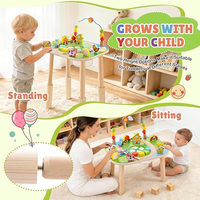 Activity Table for 1 Year Old with Two Height Levels,Wooden Sensory Play Table for Toddlers 1-3,8 in 1 Montessori Learning Toy with Bead Maze, Shape Sorter & Train,Gift for Baby Boys Girls (Farm)