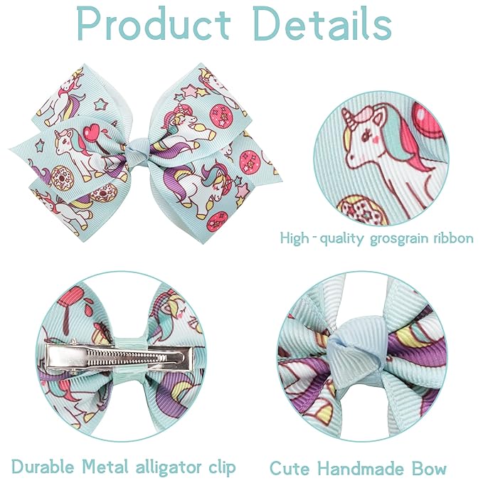 24PCS 4.5Inch Bows for Girls Boutique Grosgrain Ribbon Rainbow Hair Bow Alligator Hair Clips Pigtail Bows Unicorn Hair Clips for Baby Girls Toddler Kids Children Teens in Pairs