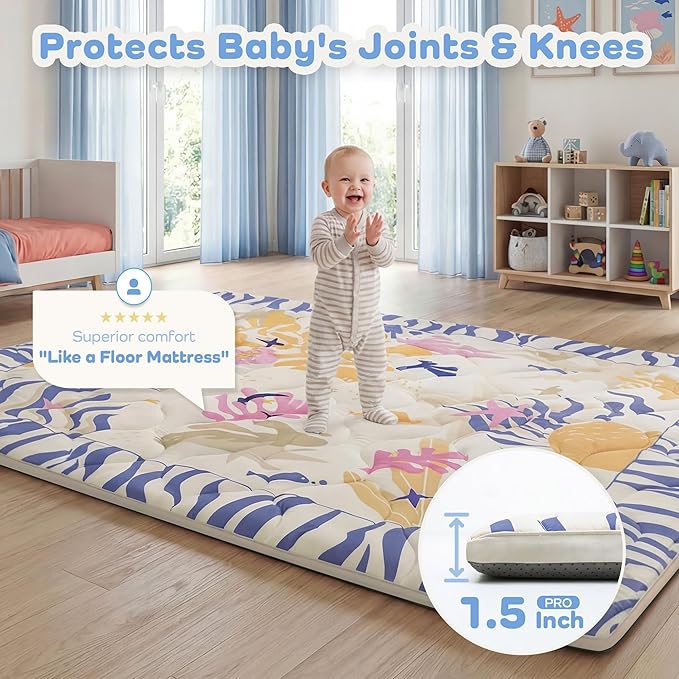 1.5" Thicker Baby Play Mat for Floor, 59x71 Removable & Machine Washable Cover Playpen Mat Softness Foam Mats, Easy-Clean Hygienic, Comfort Safety Kids Crawling Living Room (Undersea Corals)