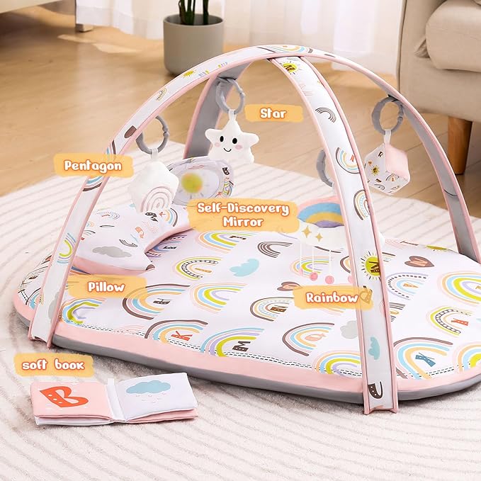 Baby Play Gym Mat, Activity Gym & Plat Mat for Child Baby Girls, 7 in 1 Tummy Time Stage-Based Mat for Infant Sensory & Motor Skills Development