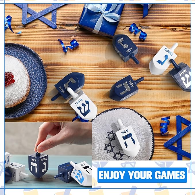 Jenaai 50 Pieces Purim Wooden Dreidel White Blue Natural Wood Dreidels for Passover Party Decorations Projects Crafts Family Fun (2.8 Inch)