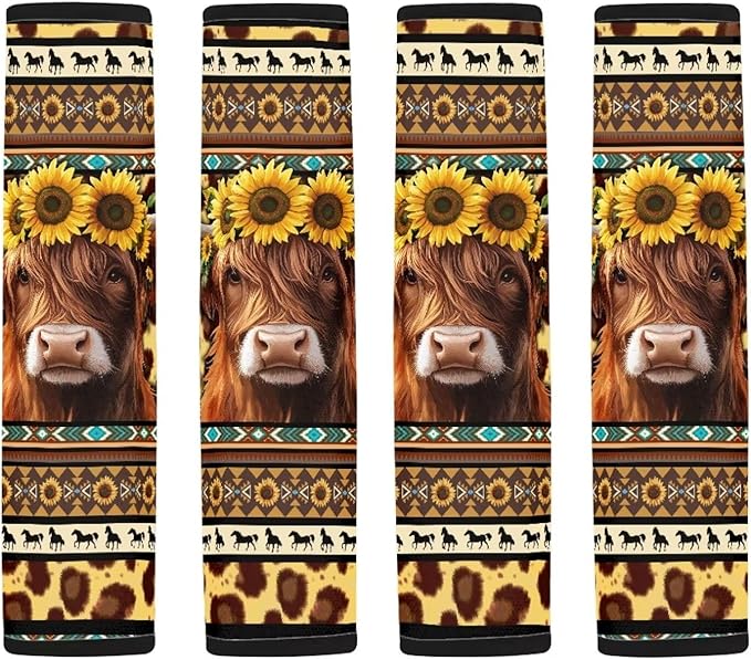 UNICEU Western Aztec Sunflower Highland Cow Auto Seat Belt Pads 2 Piece Sets Soft Comfortable Shoulder Seatbelt Pad Cover for Women Men,Southwestern Car Accessory Decoration